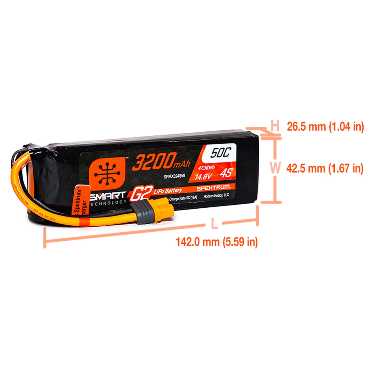 Spektrum 14.8V 3200mAh 4S 50C Smart G2 LiPo Battery: IC3 - Image 2