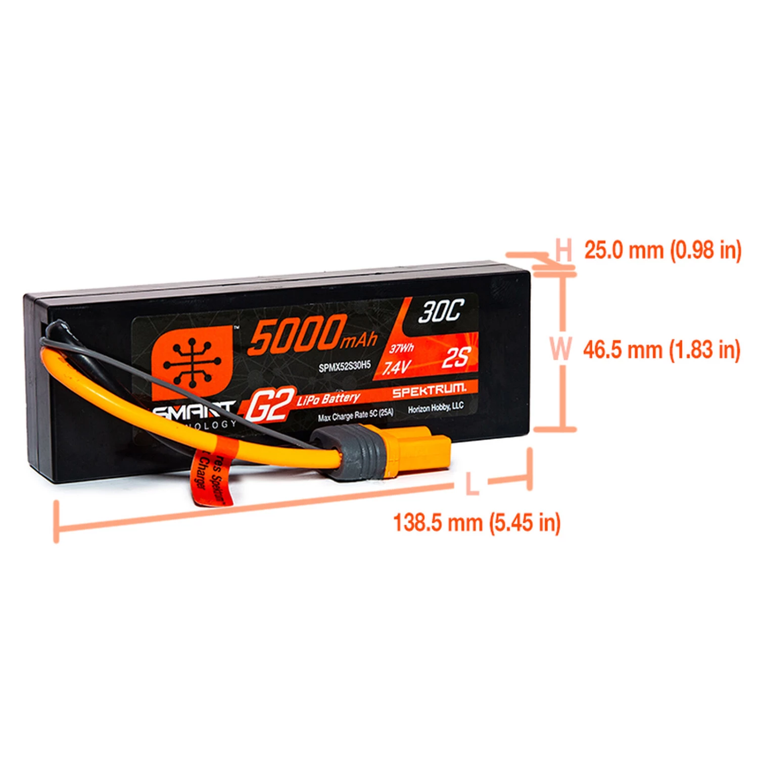 Spektrum 7.4V 5000mAh 2S 30C Smart G2 Hardcase LiPo Battery: IC5 - Image 2