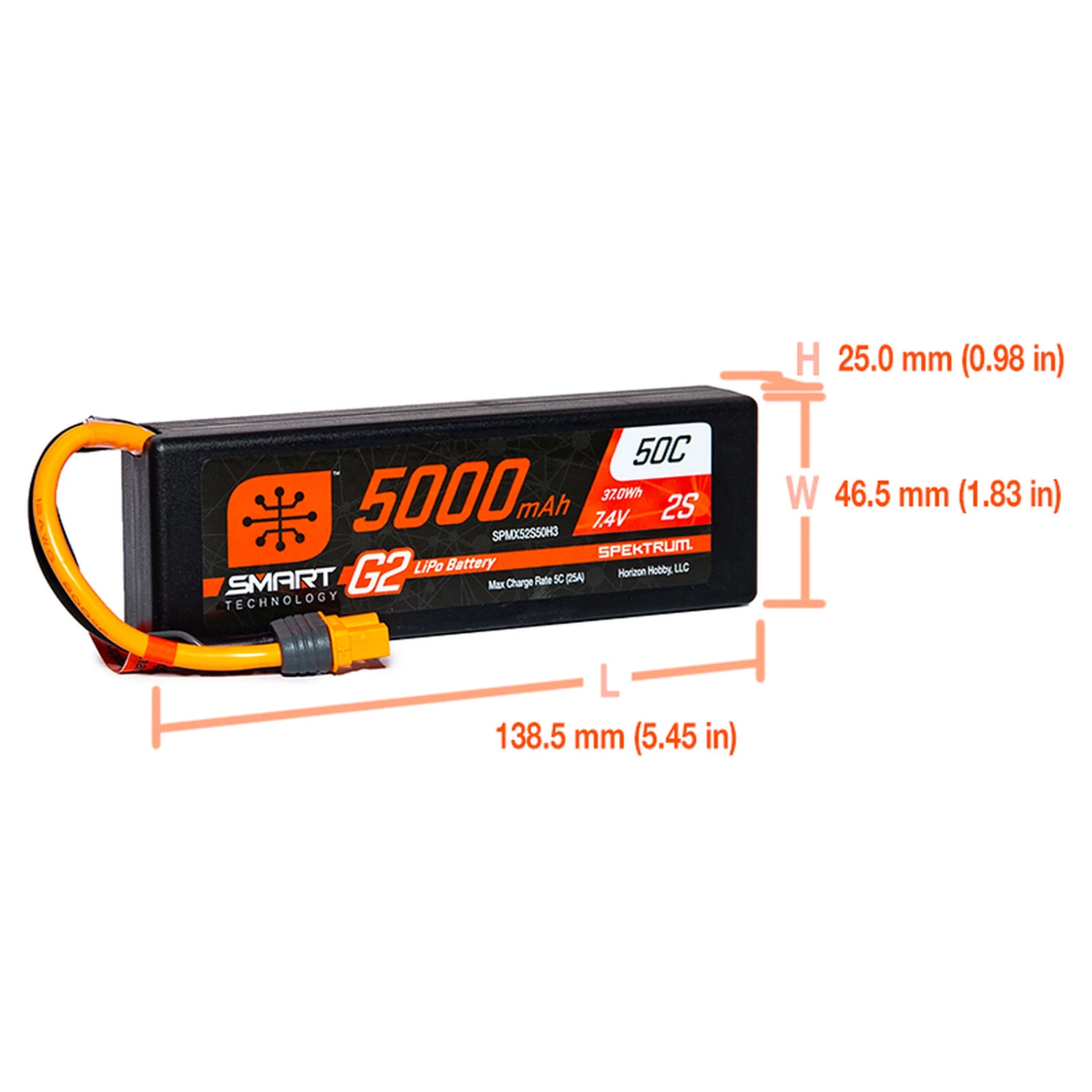 Spektrum 7.4V 5000mAh 2S 50C Smart LiPo G2 Hard Case: IC3 - Image 2