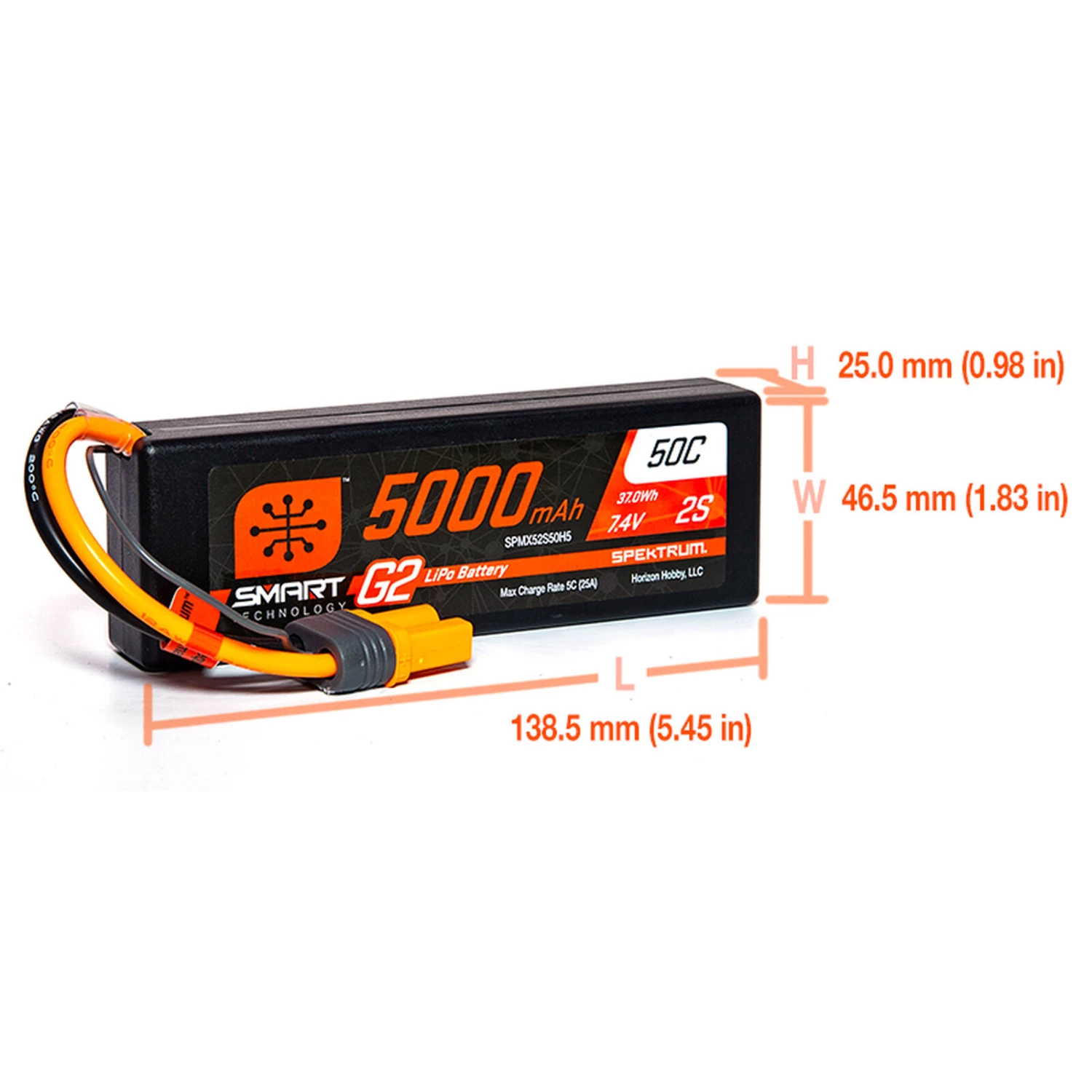 Spektrum 7.4V 5000mAh 2S 50C Smart G2 Hardcase LiPo Battery: IC5 - Image 2